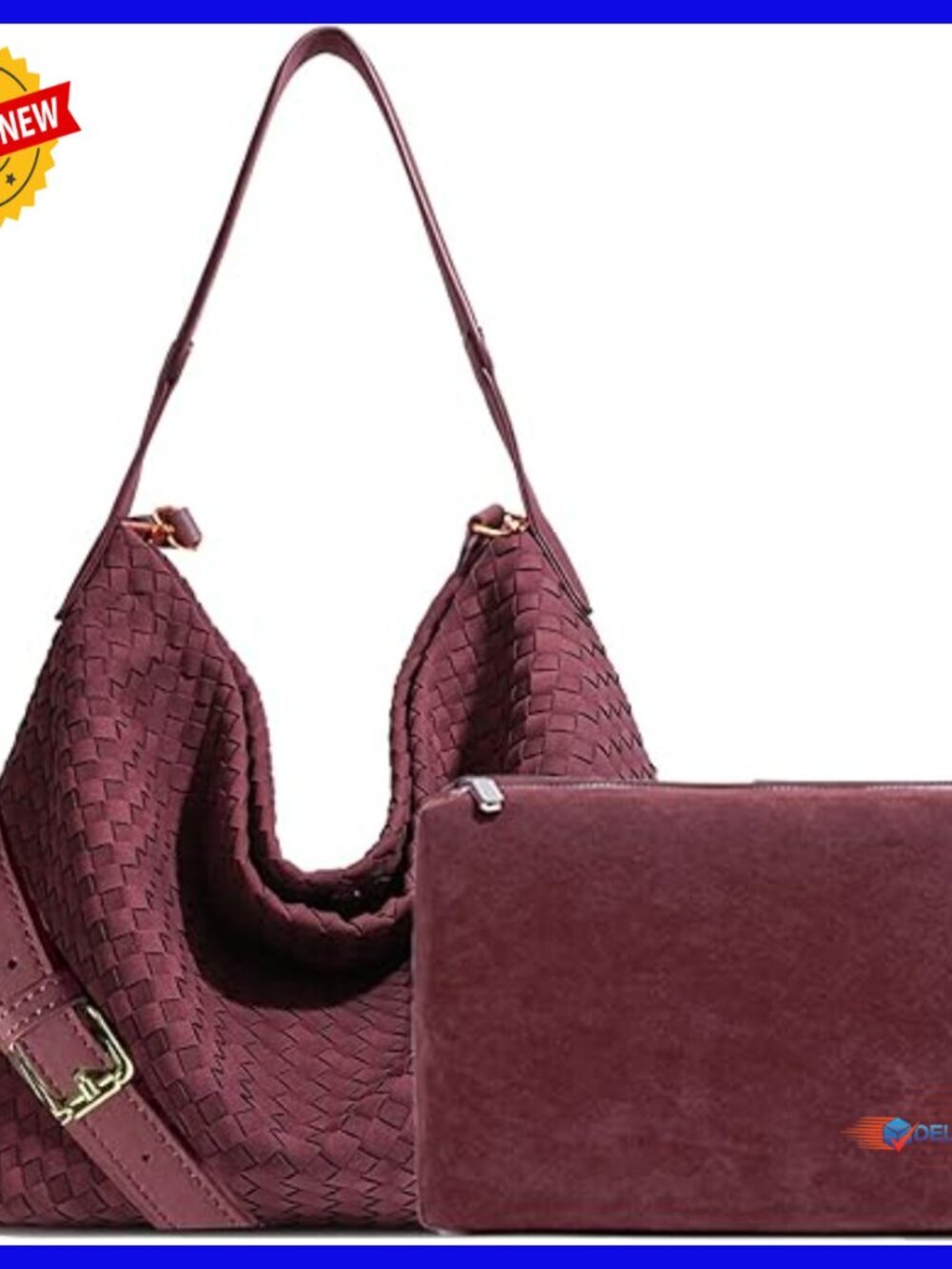 Woven Suede Shoulder Bag with Clutch, Adjustable Strap for Work Travel